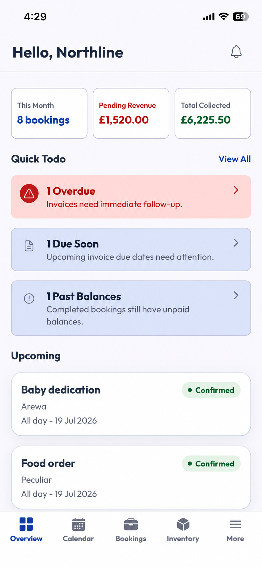 Bundus mobile app Overview screen showing bookings, revenue and upcoming jobs